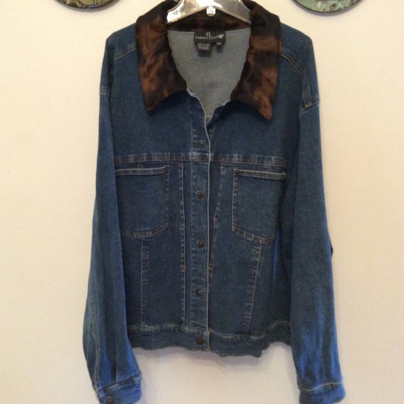 Carole Little Jackets & Blazers - Carole Little Leopard Collar Designer Jean Jacket